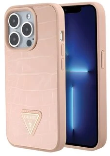Guess GUHCP15LPCRTHCP iPhone 15 Pro 6.1″ rožinis kietas dėklas Croco Triangle Metal Logo