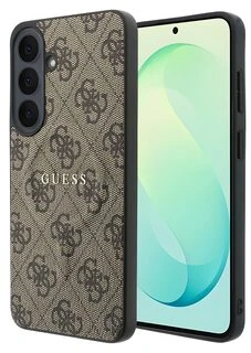 Guess PU odos 4G Gold Frame magnetinis dėklas, skirtas Samsung Galaxy S26 FE, rudas