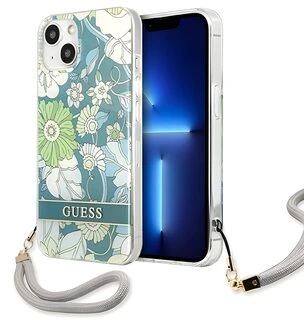 Guess GUHCP13SHFLSN iPhone 13 mini 5,4″ žalios spalvos kietas dėklas Flower Strap