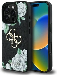 Dėklas Guess Grained Roses Big 4G logo iPhone 16 Pro Max, juodos spalvos