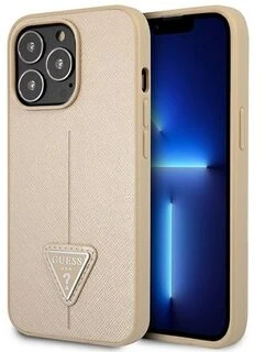 Guess GUHCP14XPSATLE iPhone 14 Pro Max 6,7″ smėlio spalvos kietas dėklas SaffianoTriangle Logo