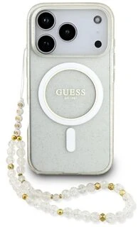Guess IML Glitter Pearl Strap MagSafe dėklas iPhone 17 Pro skaidrus