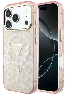 Dėklas Guess IML Leopard Glitter Triangle Logo MagSafe Case for iPhone 17 Pro Max / 18 Pro Max - Rožinė