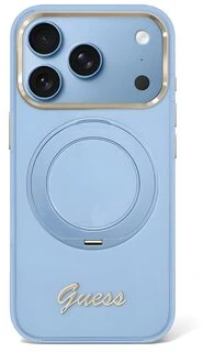 Dėklas Guess IML Ring Stand 360 Script Metal Logo MagSafe Case, skirtas iPhone 17 Pro Max / 18 Pro Max - Šviesiai mėlyna