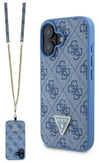 Guess GUHCP16SP4TDSCPB iPhone 16 6,1 col. mėlynas kietas dėklas su odos metalo logotipu ir „Strass" crossbody dirželiu