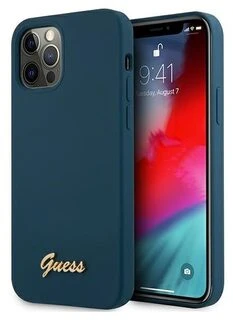 Guess GUHCP12LLSLMGBL iPhone 12 Pro Max 6,7″ mėlynas kietas dėklas Metal Logo Script