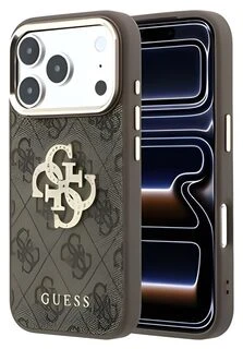 Guess PU 4G Strass Metal Logo dėklas skirtas iPhone 18 Pro rudos spalvos