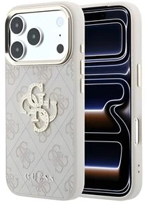 Guess PU 4G Strass Metal Logo dėklas skirtas iPhone 18 Pro Max rožinės spalvos