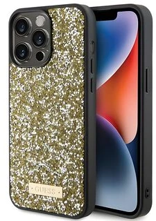 Guess GUHCP15XPFGSBSD iPhone 15 Pro Max 6.7″ geltonas kietas dėklas Rhinestone Metal Logo