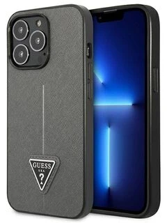 Guess GUHCP13XPSATLG iPhone 13 Pro Max 6,7" sidabrinis kietas dėklas SaffianoTriangle Logo