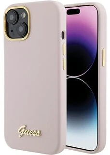 Guess GUHCP15SSMBSLP iPhone 15 / 14 / 13 6.1″ rožinės spalvos kietas dėklas Silicone Script Metal Logo & Frame