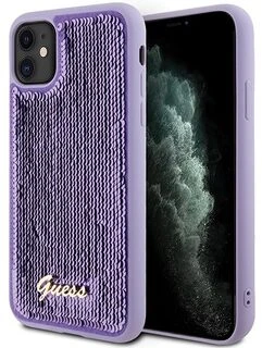 Guess GUHCN61PSFDGSU iPhone 11 / Xr 6.1″ violetinės spalvos kietas dėklas Sequin Script Metal
