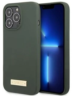 Guess GUHMP13XSPLA iPhone 13 Pro Max 6,7″ chaki spalvos kietas dėklas Silicone Logo Plate MagSafe