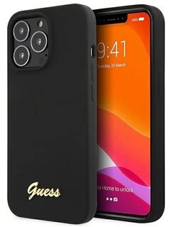 Guess GUHCP13XLSLMGBK iPhone 13 Pro Max 6.7″ juodos spalvos kietas dėklas Silicone Script Gold Logo