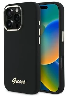 Guess GUHCP16XSMBSLK iPhone 16 Pro Max 6.9″ juodos spalvos kietas dėklas Silicone Script Metal Logo & Frame