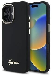 Guess GUHCP16SSMBSLK iPhone 16 6.1″ juodos spalvos kietas dėklas Silicone Script Metal Logo & Frame