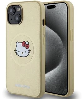 Hello Kitty HKHMP14SPGHCKD iPhone 14 / 15 / 13 6,1″ auksinis kietas dėklas Leather Kitty Head MagSafe