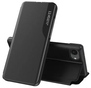 Hurtel Eco Leather View dėklas, elegantiškas dėklas su atverčiamu dangteliu ir stovu, skirtas iPhone 16e – juodos spalvos