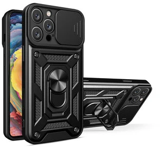 Hurtel Hybrid Armor Camshield iPhone 16 Pro Max šarvuotas dėklas su kameros apsauga ir stovu – dėklas telefonui juodos spalvos