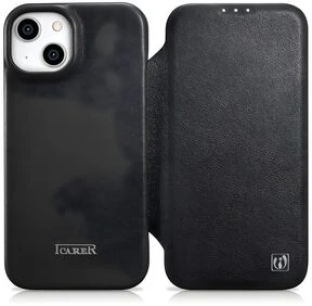 iCarer CE aukščiausios kokybės odinis iPhone 14 Plus magnetinis atverčiamas odinis MagSafe dėklas telefonui, juodos spalvos (WMI14220715-BK)