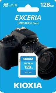 Kioxia Exceria 128GB SD kortelė su fotoaparato iliustracija
