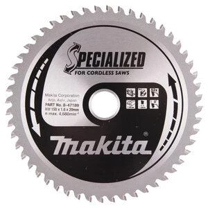Makita T.C.T. pjūklas SPECIALIZED 150X1.6X20mm 0° T52 B-47189 T.C.T • 150 x20 mm • T52 • 0° • Aliuminiui