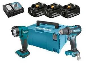 Makita įrankių rinkinys su trimis baterijomis ir lagaminu