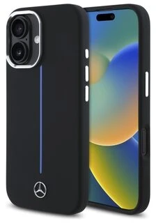 Mercedes MEHMP16S23SUMBK iPhone 16 6.1″ juodos spalvos kietas dėklas Silicone Mėlyna Stripe MagSafe