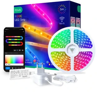 Skaitmeninės LED juostos komplektas su Wi-Fi valdikliu ir maitinimo šaltiniu, RGB IC, 5m, 24W, TUYA / Smart Life, NOUS