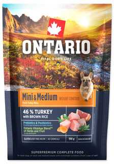 Ontario Mini & Medium Weight Control kalakutiena & Brown ryžiai 0.1kg (Mėginys)