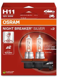 OSRAM Night Breaker Sidabrinis +100% PGJ19-2, Automobilinės lemputės, H11 55W 12V, 2 vnt