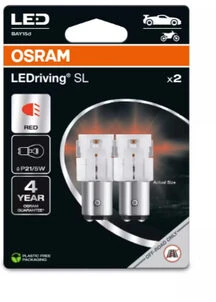 Osram LED P21-5W raudonos lemputės pakuotėje