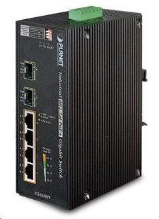 Šakotuvas Planet IP30 6 prievadų gigabitų jungiklis su 4 prievadų 802.3AT POE+ ir 2 prievadų 100/1000X SFP (nuo -40 iki 75 C)