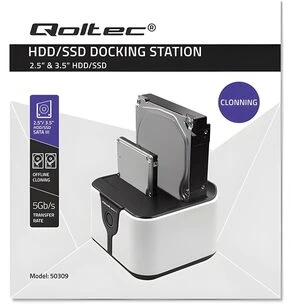 Qoltec 50309 HDD SSD 2,5" 3,5" prijungimo stotelė | SATA III | USB 3.0 | Super greitis 5Gb/s | su klonavimo funkcija