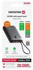 „Swissten Voltbox“ 35 W išorinė baterija, 20000 mAh, su integruotais USB-C ir „Lightning“ laidais