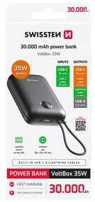 „Swissten Voltbox“ 35 W išorinė baterija (30000 mAh) su integruotais USB-C ir „Lightning“ laidais