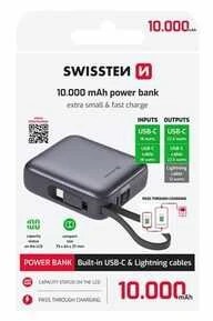 „Swissten“ išorinė baterija 10000 mAh su integruotais USB-C ir „Lightning“ laidais