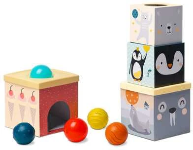 Taf Toys lavinamasis žaislas kubų bokštas North Pole Ball Drop Stacker