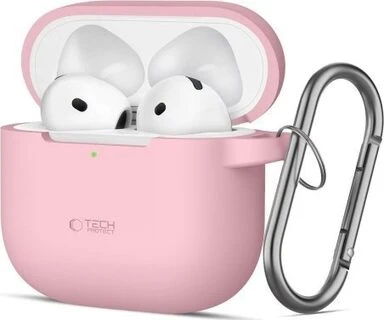 AirPods 4 Tech-Protect silikoninis dėklas su kabliuku jūsų ausinėms, rožinės spalvos