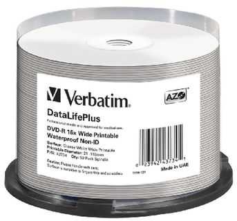 1x50 Verbatim DVD-R 4,7GB 16x platus, blizgus vandeniui atsparus spaudinys