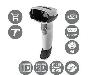 Zebra DS2208 skaitytuvas su techninių specifikacijų piktogramomis