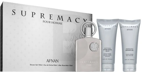 Dovanų rinkinys vyrams Afnan Supremacy Silver, EDP 100 ml + dušo želė 100 ml + balzamas po skutimosi 100 ml
