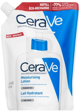 CeraVe Moisturising Lotion Eco Refill drėkinamojo veido ir kūno losjono sausai / labai sausai odai papildymas, 473 ml