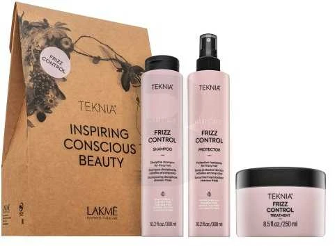 „Lakme TKN Frizz Control“ mažmeninė pakuotė: šampūnas, 300 ml + priemonė, 250 ml + apsauga, 300 ml