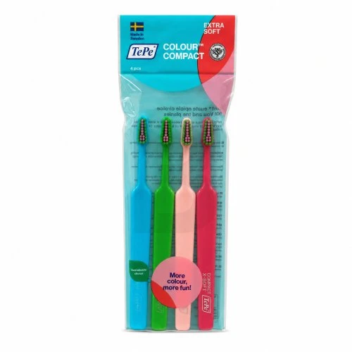 TePe Colour Compact Dantų šepetėlis Extra Soft itin minkšti dantų šepetėliai, 4 vnt. (spalva gali skirtis)