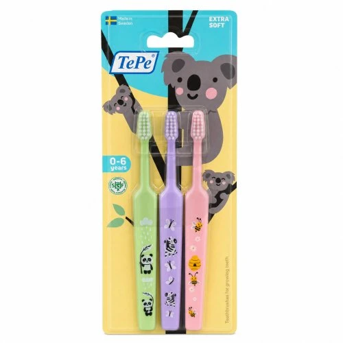 TePe Mini Dantų šepetėlis Extra Soft itin minkšti dantų šepetėliai 0-3 metų vaikams, 3 vnt.