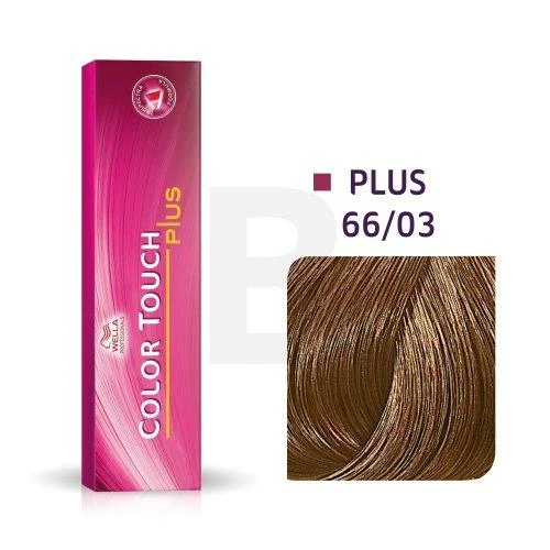 Wella Color Touch Plus 66/03 dažų pakuotė ir atspalvio pavyzdys