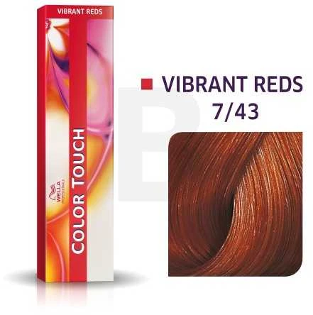 Wella Color Touch 7/43 plaukų dažų pakuotė ir atspalvio pavyzdys