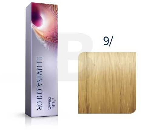 Wella Illumina Color 9/ plaukų dažų pakuotė ir atspalvio pavyzdys