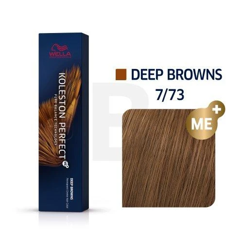 Wella Koleston Perfect 7/73 plaukų dažų pakuotė ir spalvos pavyzdys